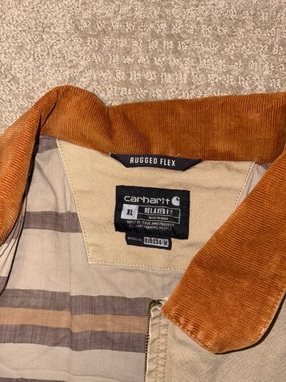 Carhartt Tan Jacket with Rust Corduroy Collar